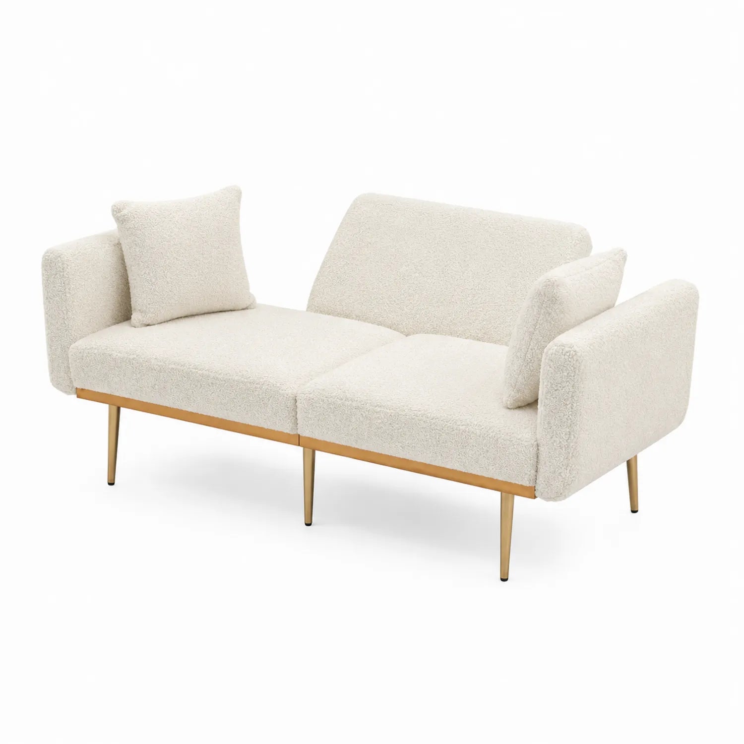 Divano in tessuto bouclé crema con struttura in legno e gambe in metallo