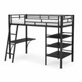 Letto a soppalco in metallo nero con scrivania e scaffali