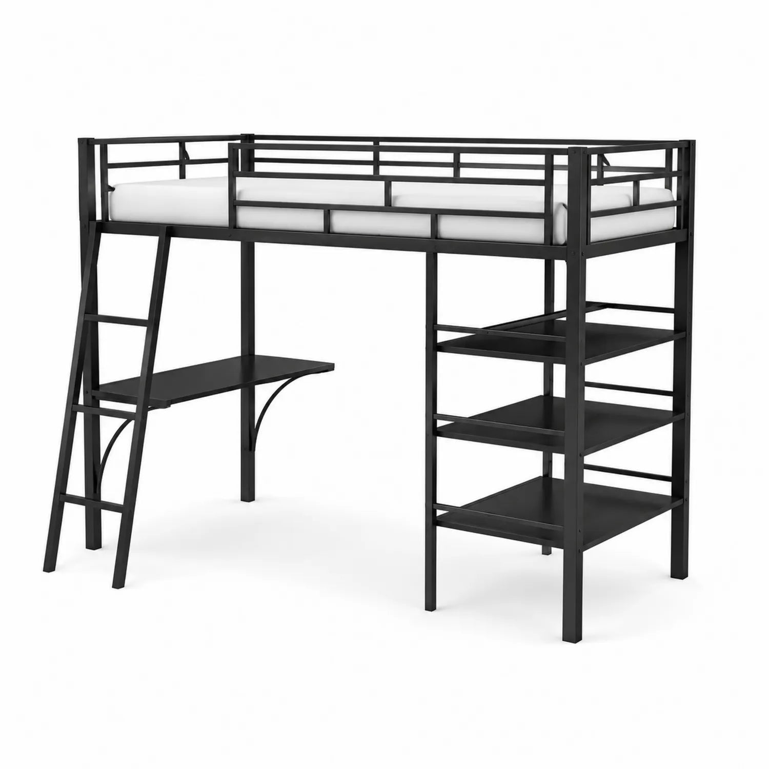 Letto a soppalco in metallo nero con scrivania e scaffali
