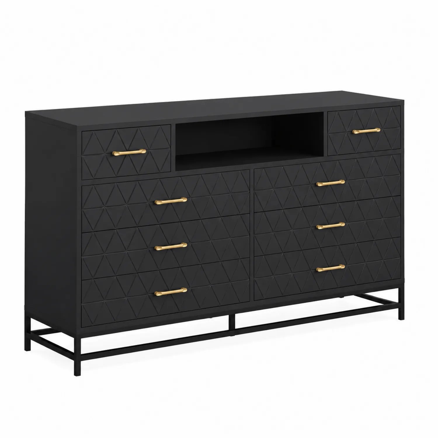 Credenza in Legno MDF Nero con 8 Cassetti e Maniglie Dorate