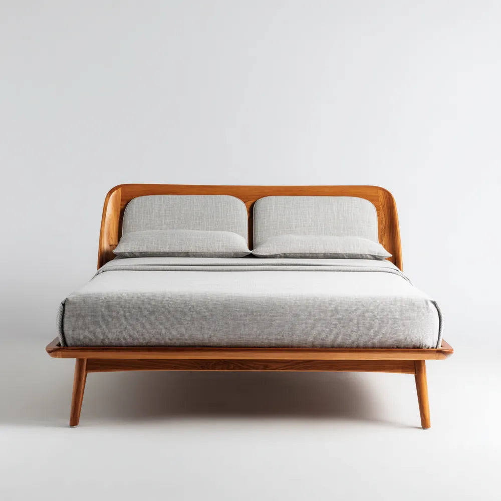 Double Bed – Solid Wood Frame – 200x150 cm – Light Gray Upholstery – Mid-Century Style – 100 cm Height