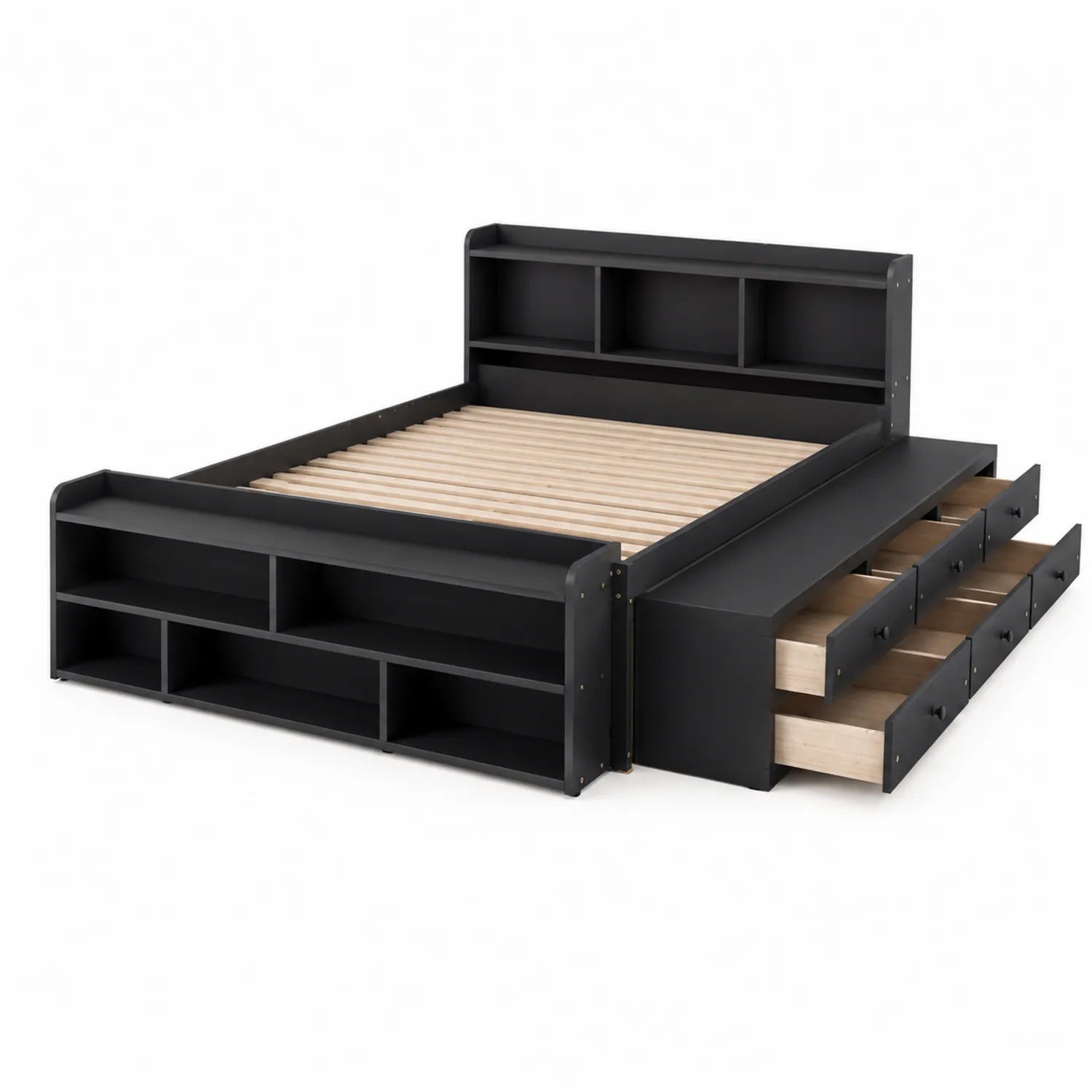 Letto matrimoniale in MDF con cassetti e scaffali 200x160 cm Nero